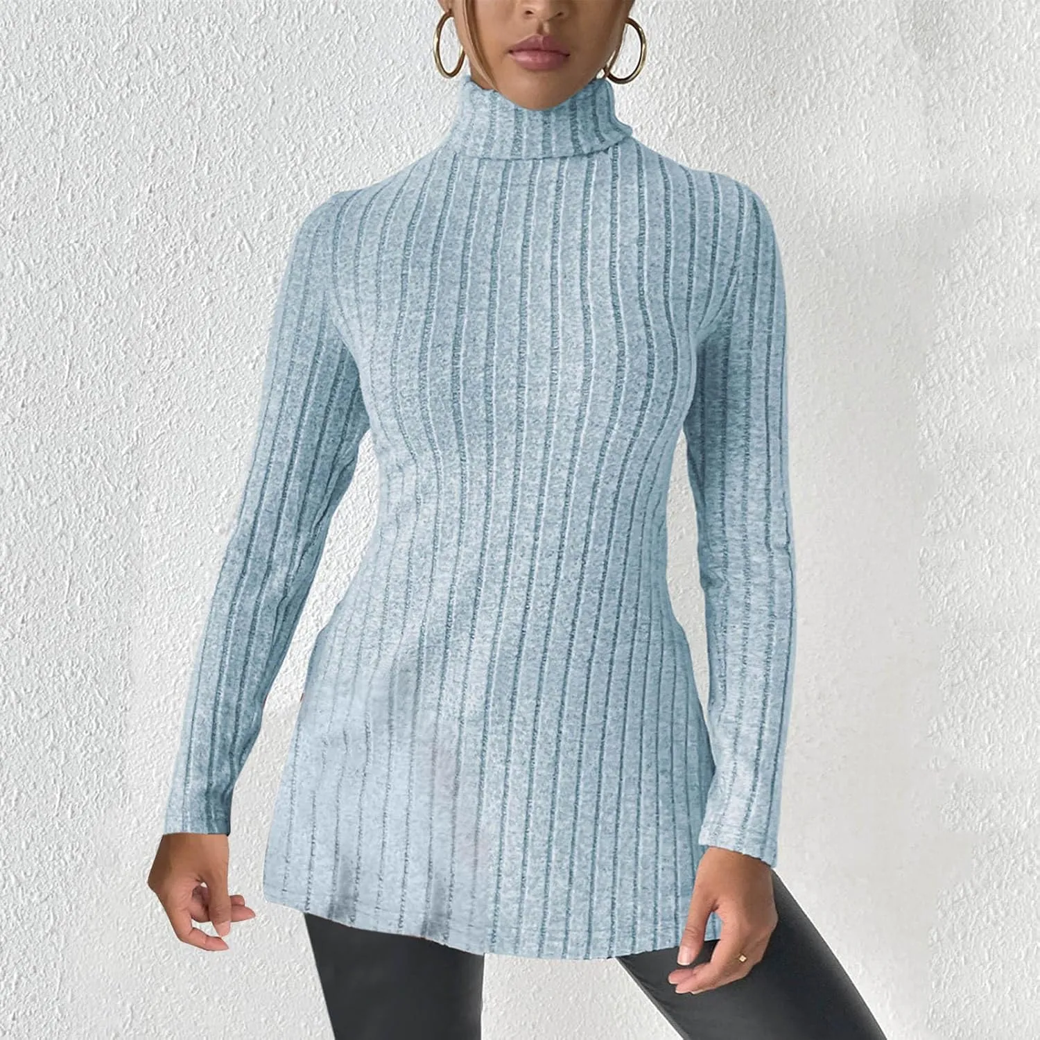Women's Oversized Turtleneck Sweaters Fall Long Sleeve Ribbed Long Tunic Sweater Lightweight Knit Tops Loungewear
