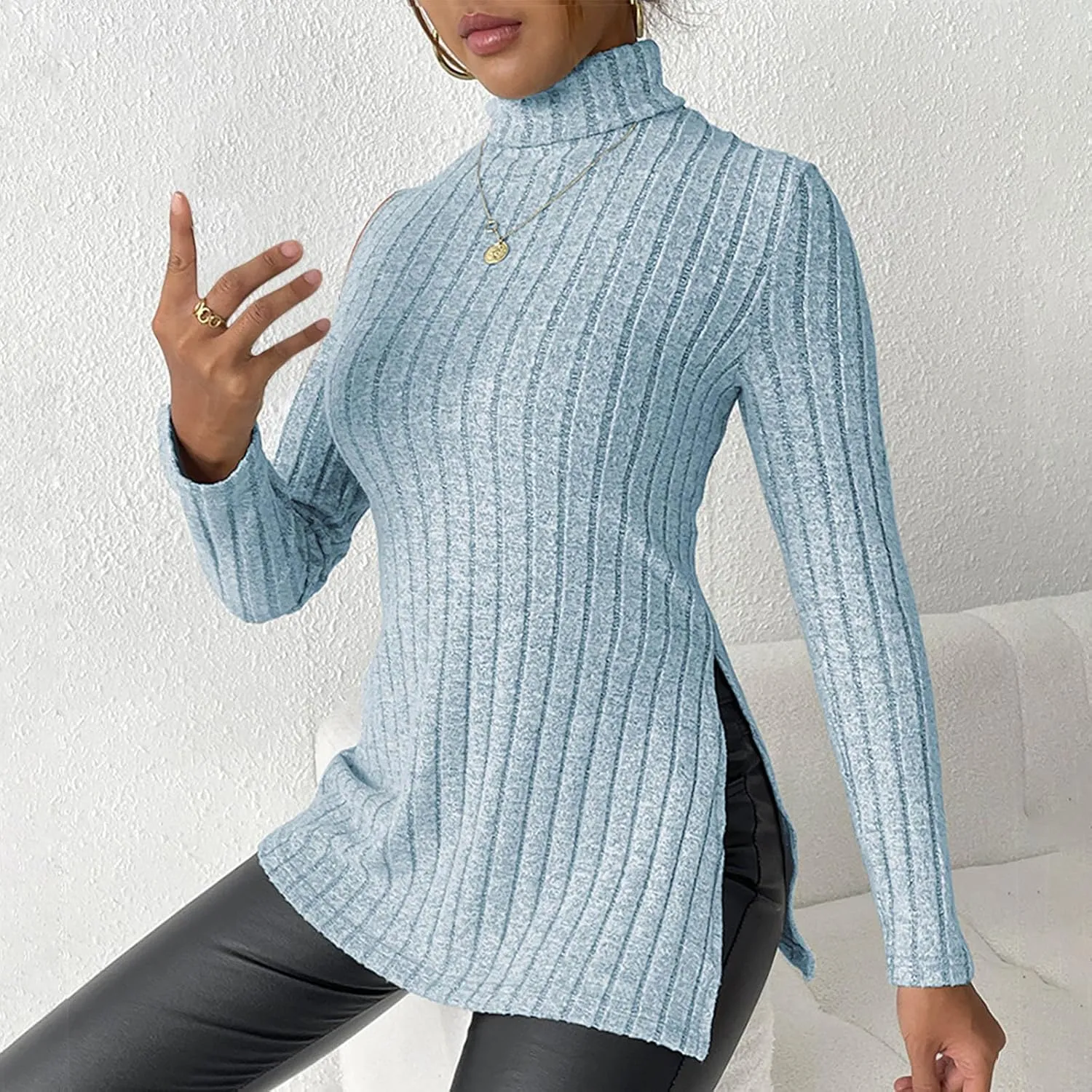 Women's Oversized Turtleneck Sweaters Fall Long Sleeve Ribbed Long Tunic Sweater Lightweight Knit Tops Loungewear