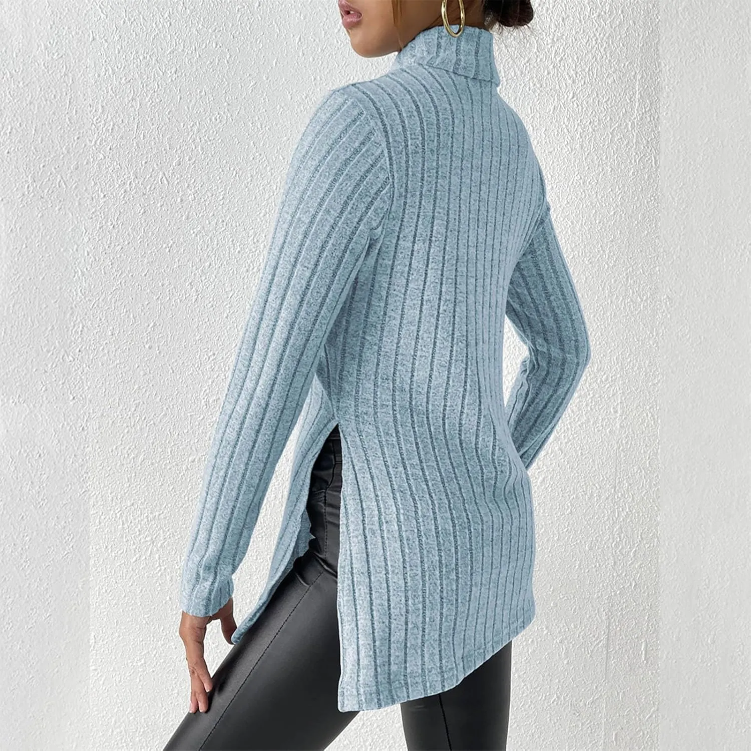 Women's Oversized Turtleneck Sweaters Fall Long Sleeve Ribbed Long Tunic Sweater Lightweight Knit Tops Loungewear