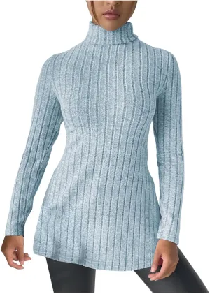 Women's Oversized Turtleneck Sweaters Fall Long Sleeve Ribbed Long Tunic Sweater Lightweight Knit Tops Loungewear