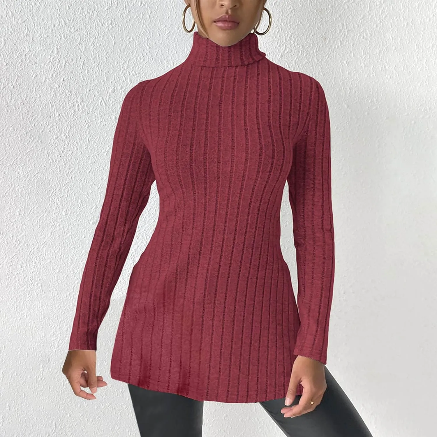 Women's Oversized Turtleneck Sweaters Fall Long Sleeve Ribbed Long Tunic Sweater Lightweight Knit Tops Loungewear
