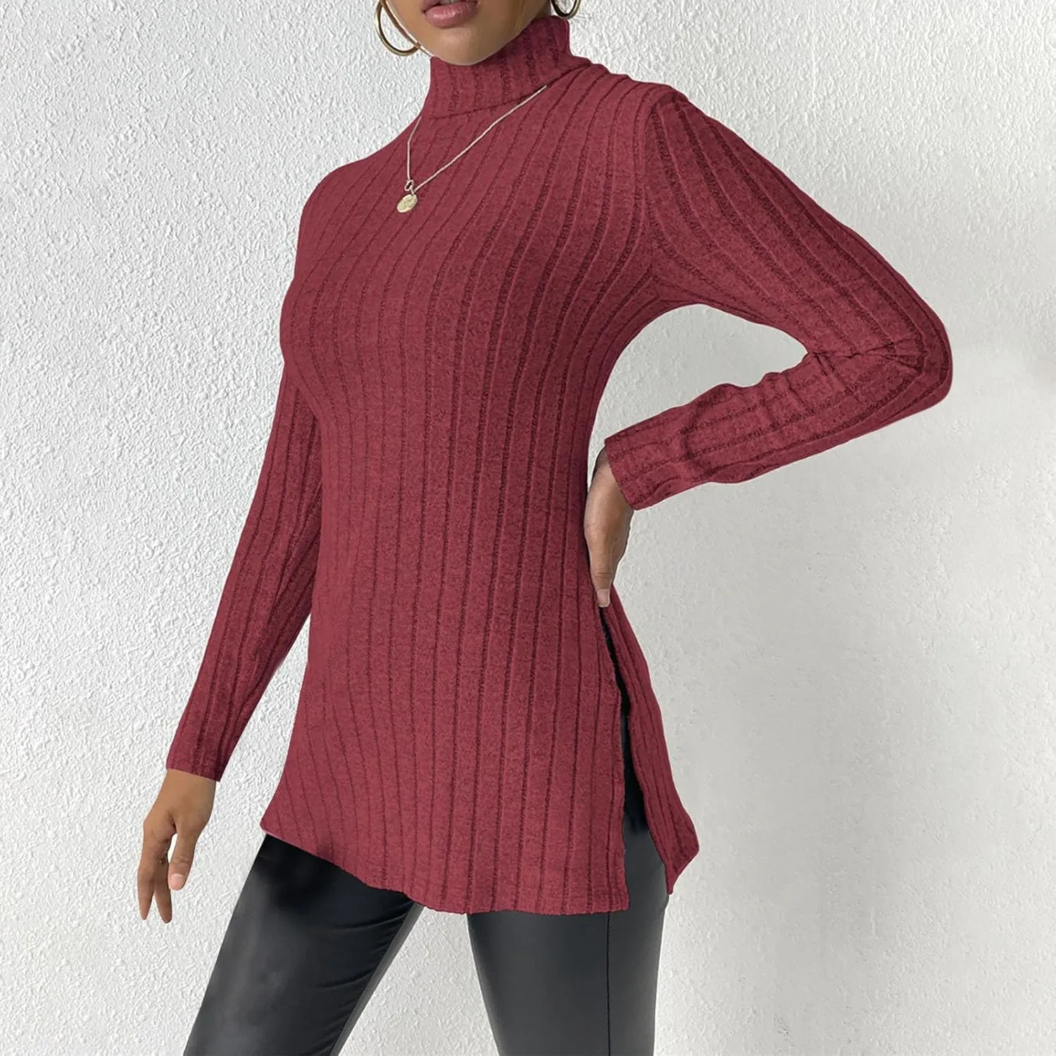 Women's Oversized Turtleneck Sweaters Fall Long Sleeve Ribbed Long Tunic Sweater Lightweight Knit Tops Loungewear