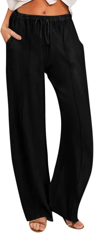 Women's Pants Comfy Corduroy Straight Wide Leg Pants Classic Elastic Waisted Loungewear Loose Plus Size Trousers