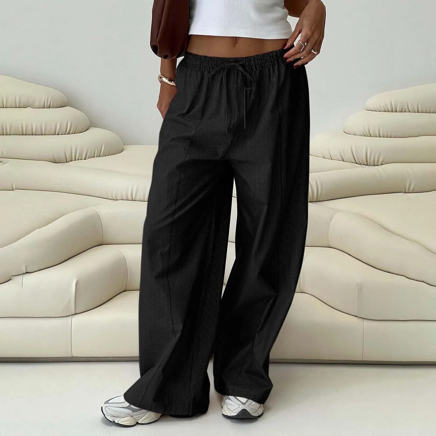 Women's Pants Comfy Corduroy Straight Wide Leg Pants Classic Elastic Waisted Loungewear Loose Plus Size Trousers