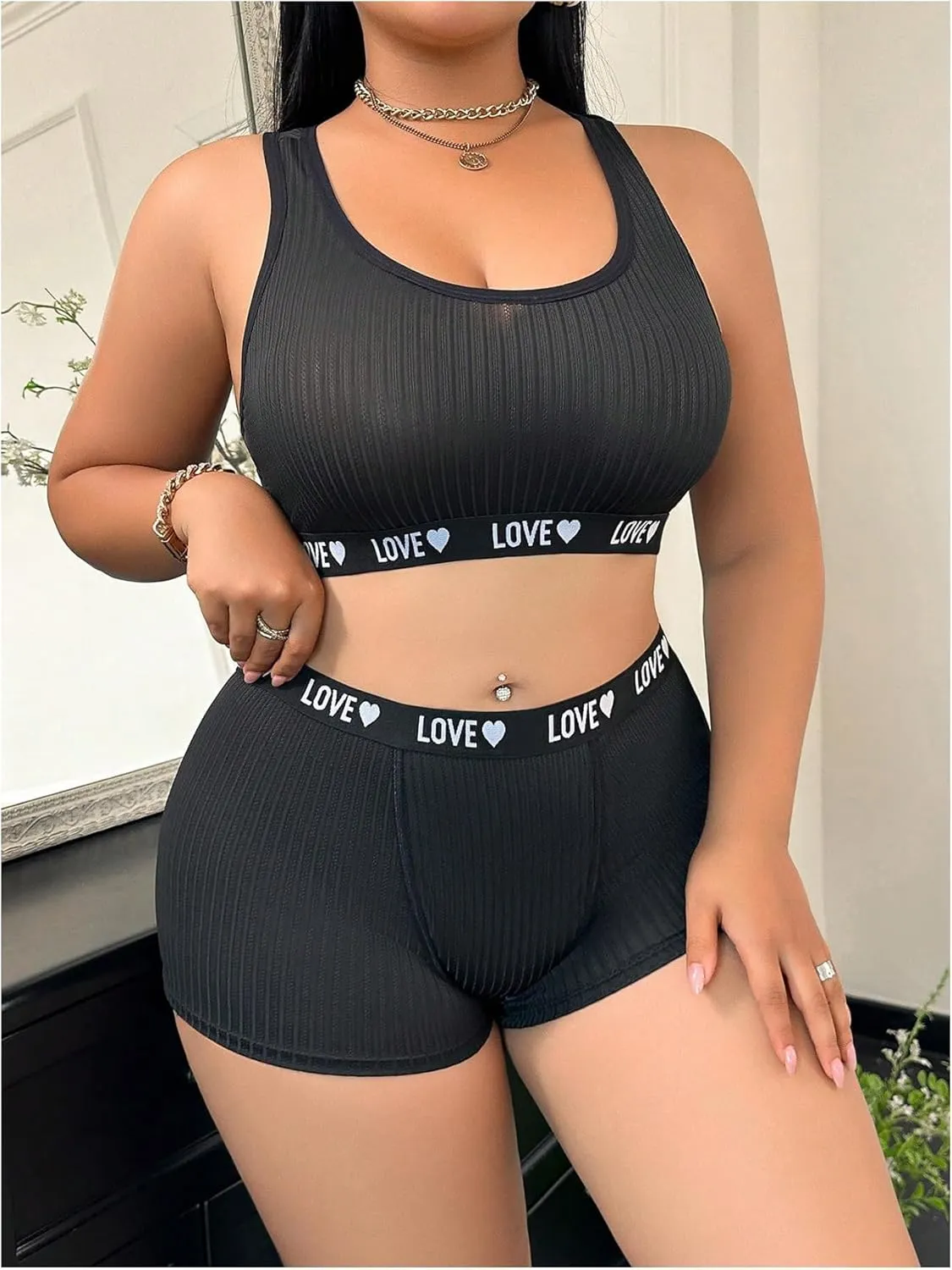 Women's Plus Size 2 Piece Lingerie Set Letter Graphic Wireless Racerback Bra and Panty Boyshorts Set