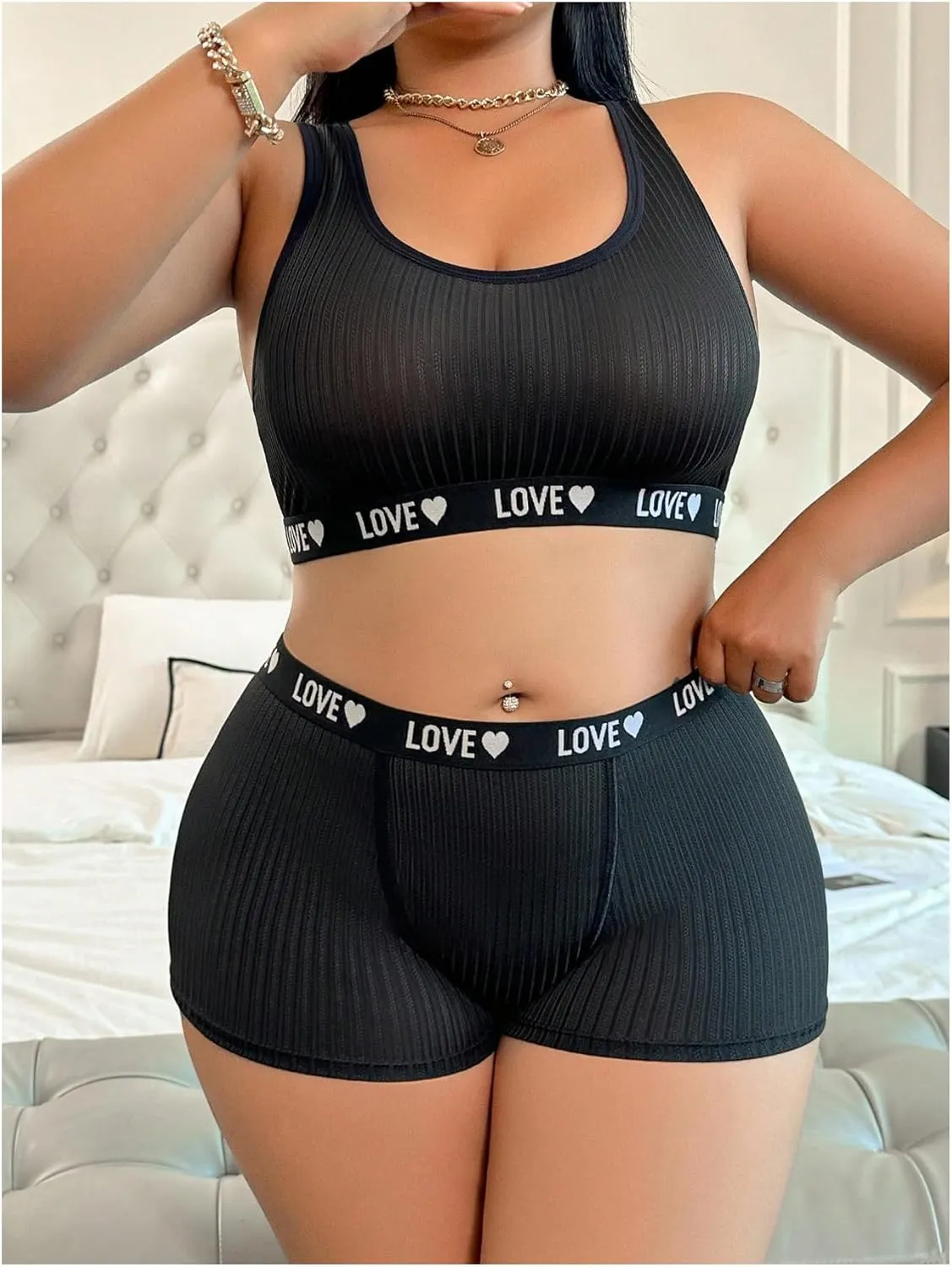 Women's Plus Size 2 Piece Lingerie Set Letter Graphic Wireless Racerback Bra and Panty Boyshorts Set