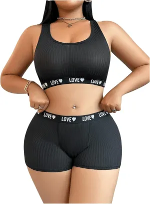 Women's Plus Size 2 Piece Lingerie Set Letter Graphic Wireless Racerback Bra and Panty Boyshorts Set