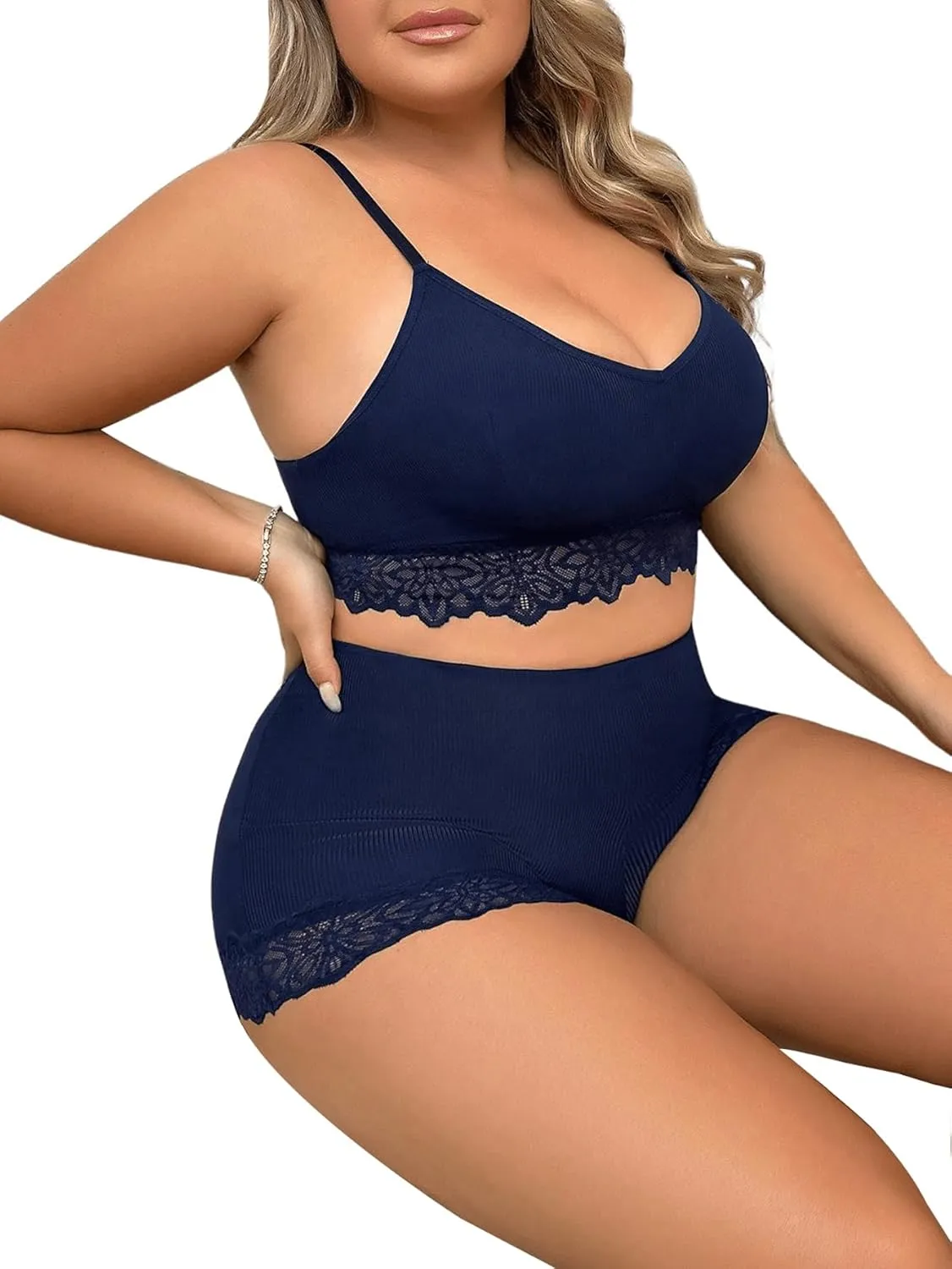 Women's Plus Size Lingerie 2 Piece Lace Trim Wireless Bralettes and High Rise Boyshorts Underwear Set