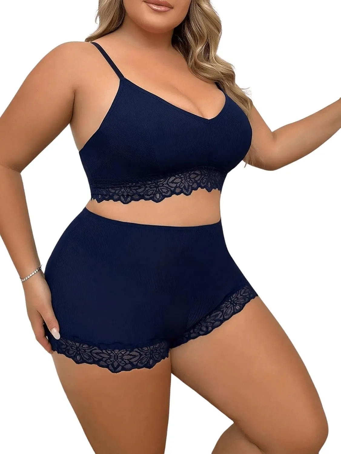 Women's Plus Size Lingerie 2 Piece Lace Trim Wireless Bralettes and High Rise Boyshorts Underwear Set