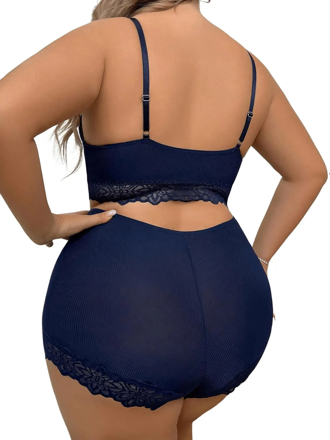 Women's Plus Size Lingerie 2 Piece Lace Trim Wireless Bralettes and High Rise Boyshorts Underwear Set