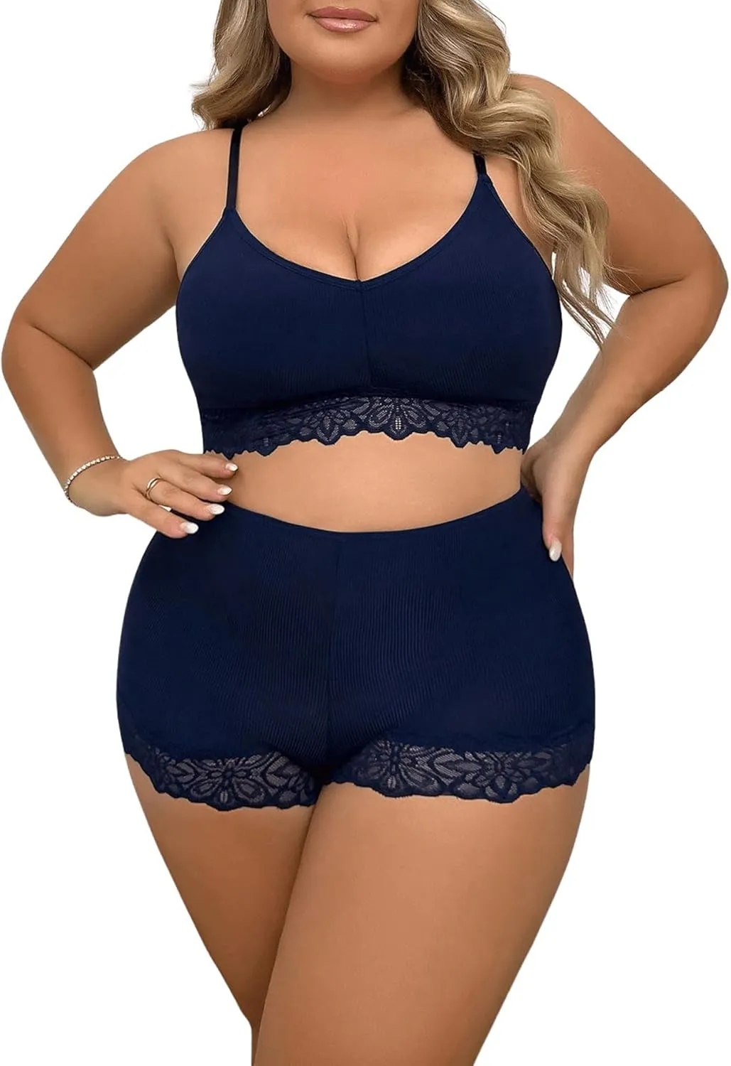 Women's Plus Size Lingerie 2 Piece Lace Trim Wireless Bralettes and High Rise Boyshorts Underwear Set