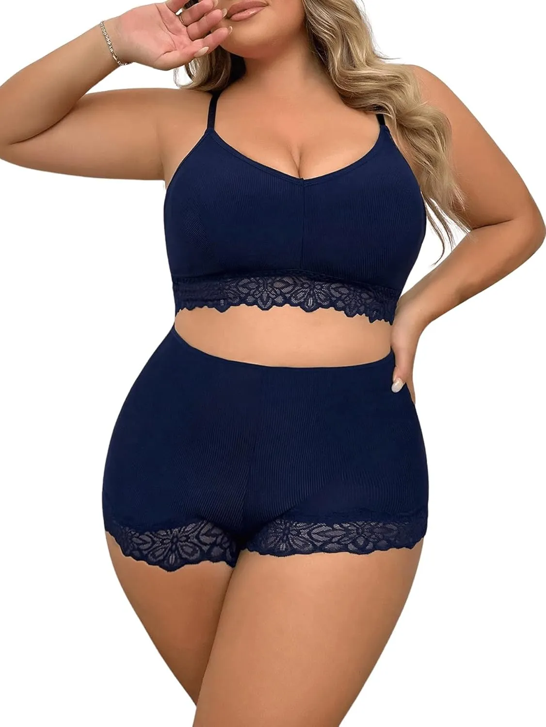 Women's Plus Size Lingerie 2 Piece Lace Trim Wireless Bralettes and High Rise Boyshorts Underwear Set