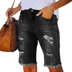 Women's Ripped Denim Jean Bermuda Shorts High Waisted Stretchy Hem Short Jeans