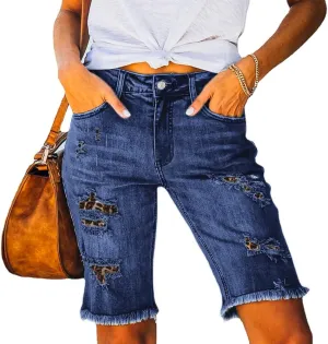 Women's Ripped Denim Jean Bermuda Shorts High Waisted Stretchy Hem Short Jeans