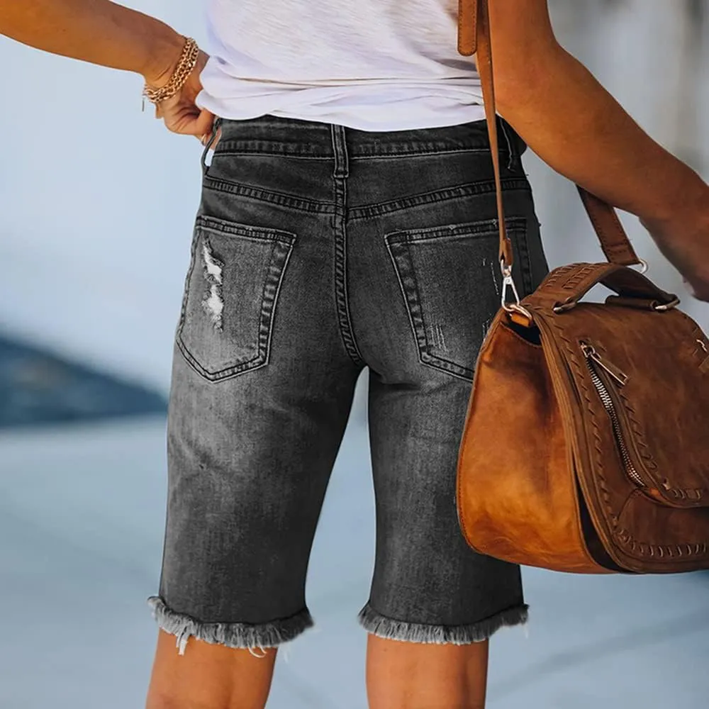 Women's Ripped Denim Jean Bermuda Shorts High Waisted Stretchy Hem Short Jeans
