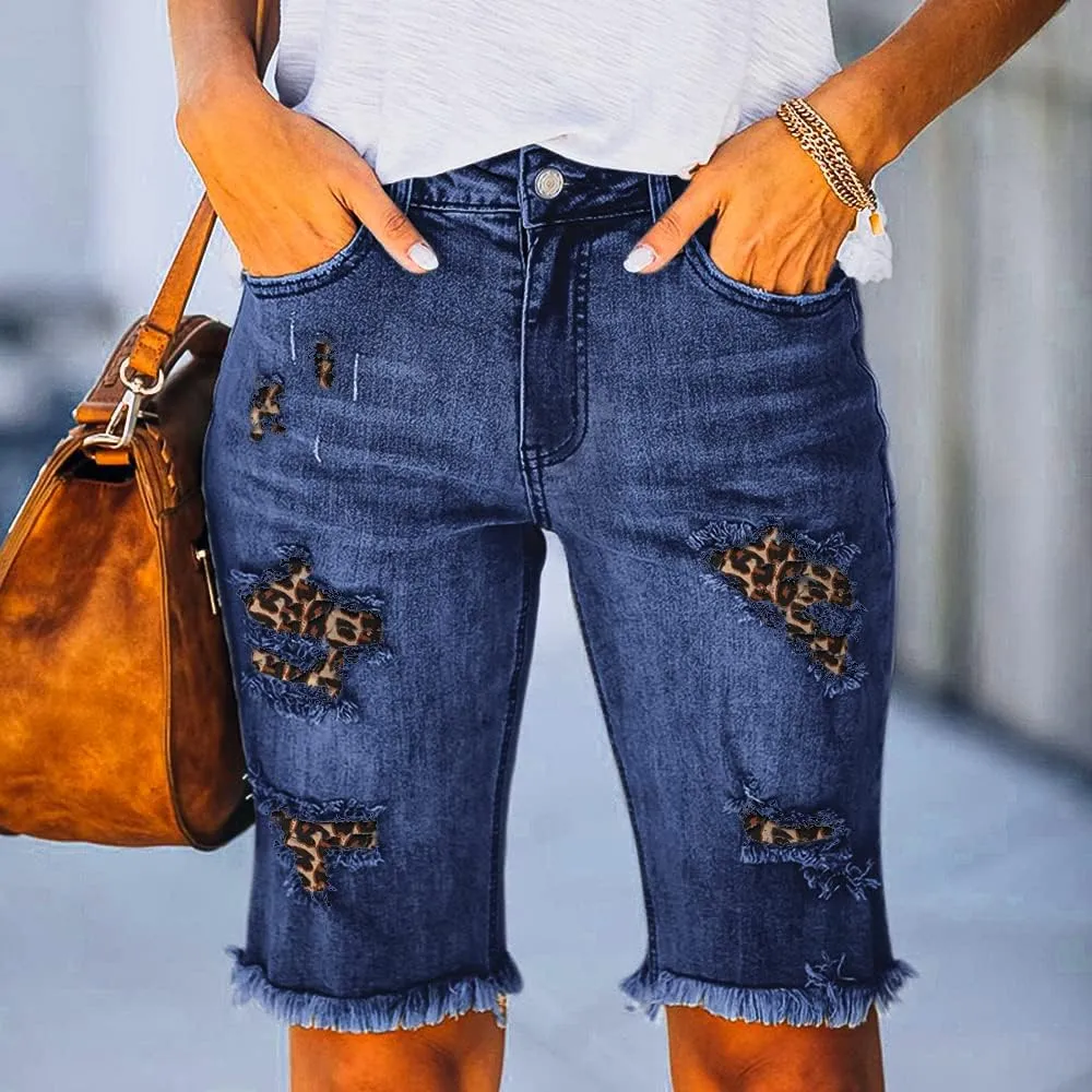 Women's Ripped Denim Jean Bermuda Shorts High Waisted Stretchy Hem Short Jeans