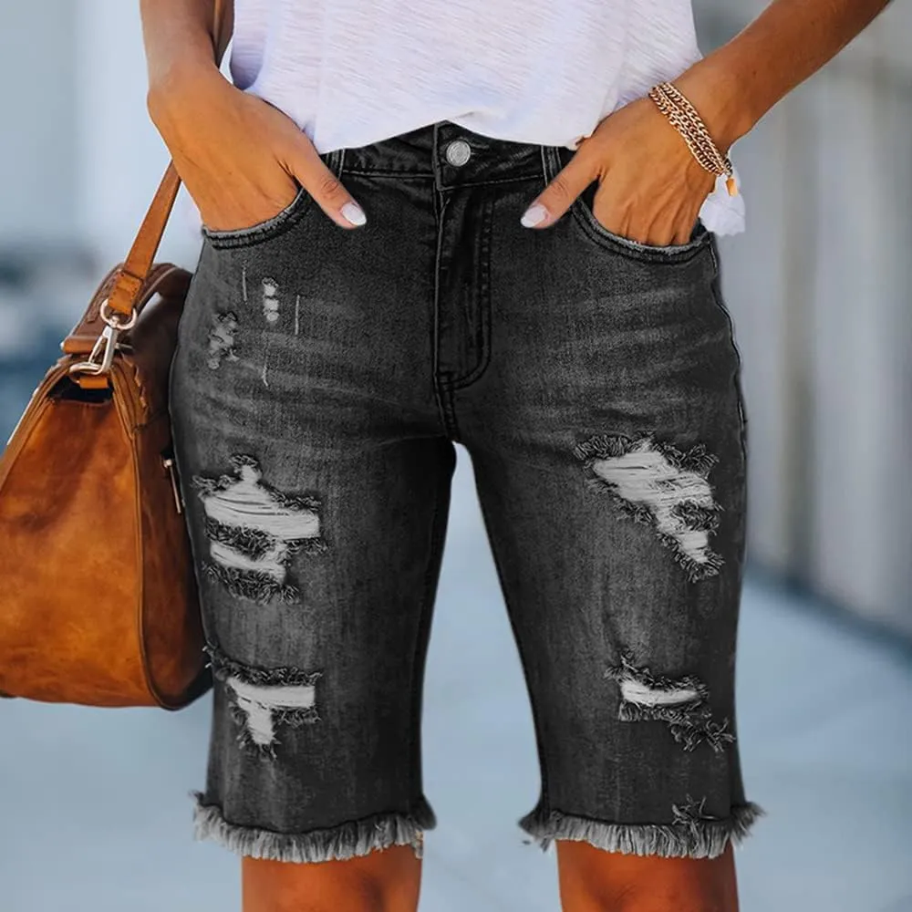 Women's Ripped Denim Jean Bermuda Shorts High Waisted Stretchy Hem Short Jeans