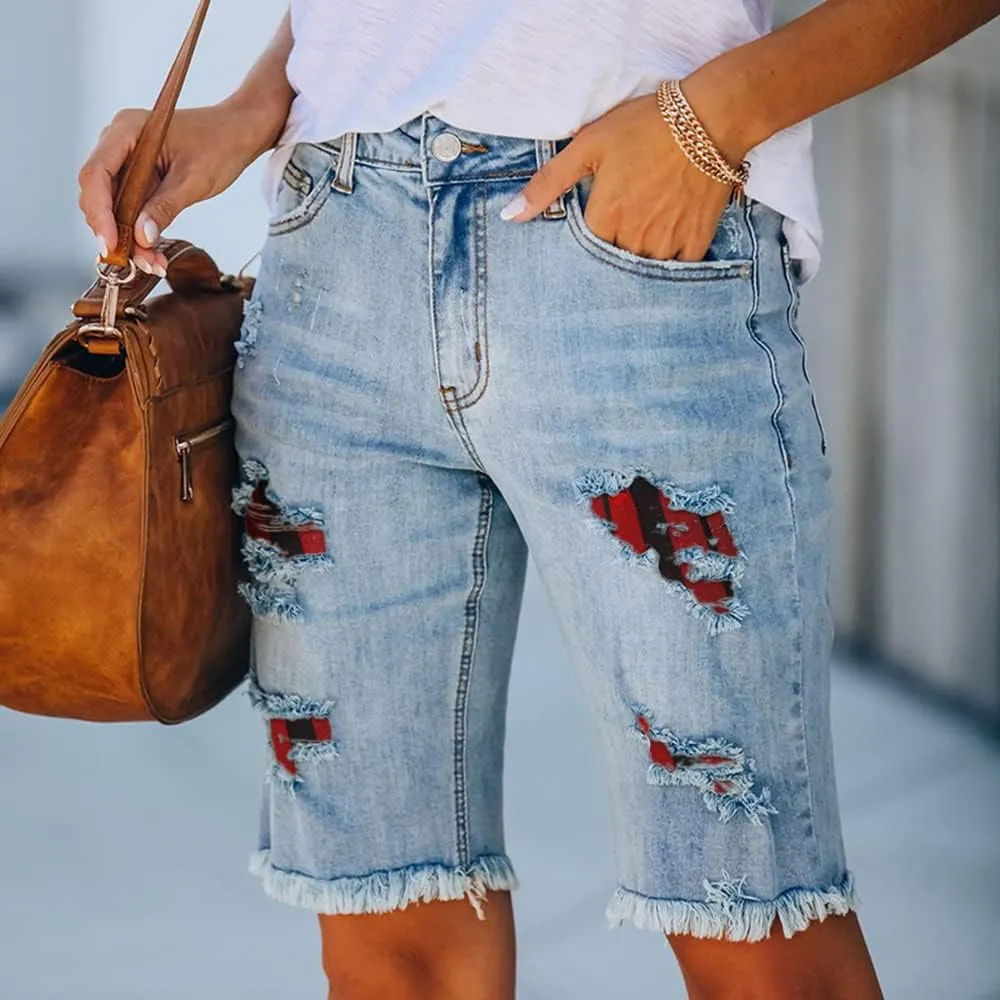 Women's Ripped Denim Jean Bermuda Shorts High Waisted Stretchy Hem Short Jeans