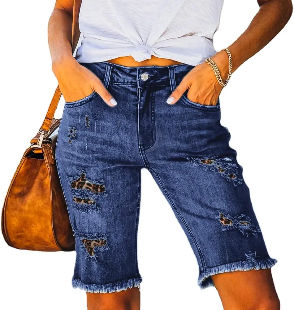 Women's Ripped Denim Jean Bermuda Shorts High Waisted Stretchy Hem Short Jeans