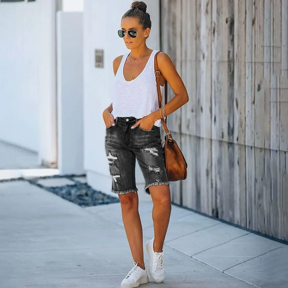 Women's Ripped Denim Jean Bermuda Shorts High Waisted Stretchy Hem Short Jeans