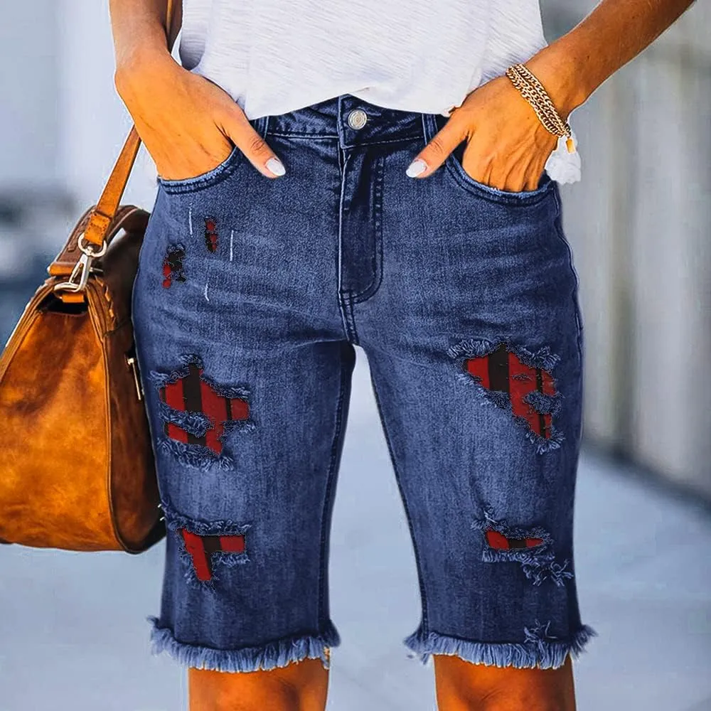 Women's Ripped Denim Jean Bermuda Shorts High Waisted Stretchy Hem Short Jeans
