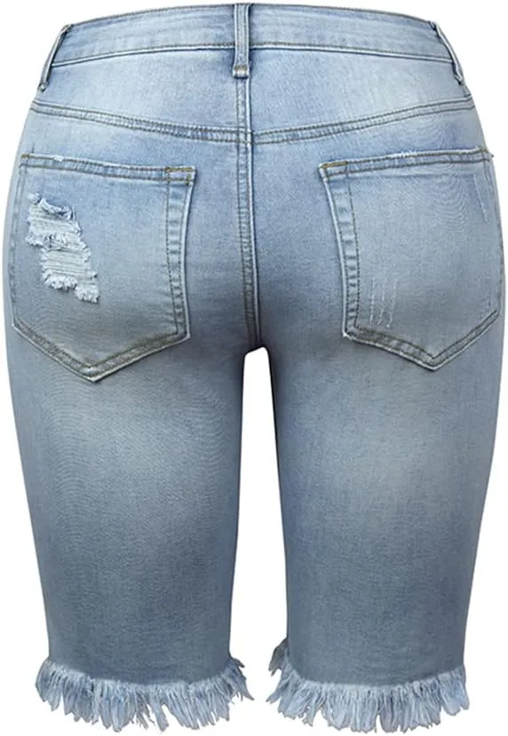 Women's Ripped Denim Jean Bermuda Shorts High Waisted Stretchy Hem Short Jeans