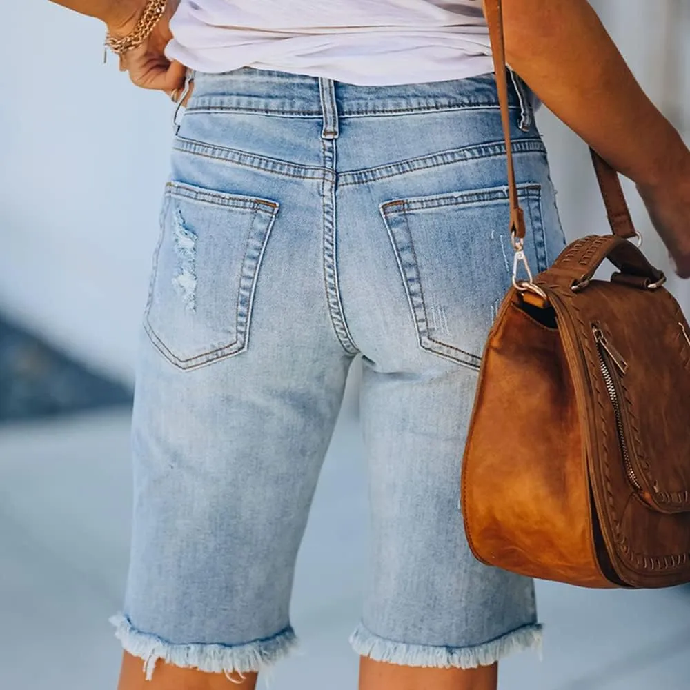 Women's Ripped Denim Jean Bermuda Shorts High Waisted Stretchy Hem Short Jeans