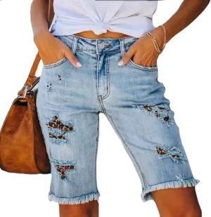 Women's Ripped Denim Jean Bermuda Shorts High Waisted Stretchy Hem Short Jeans