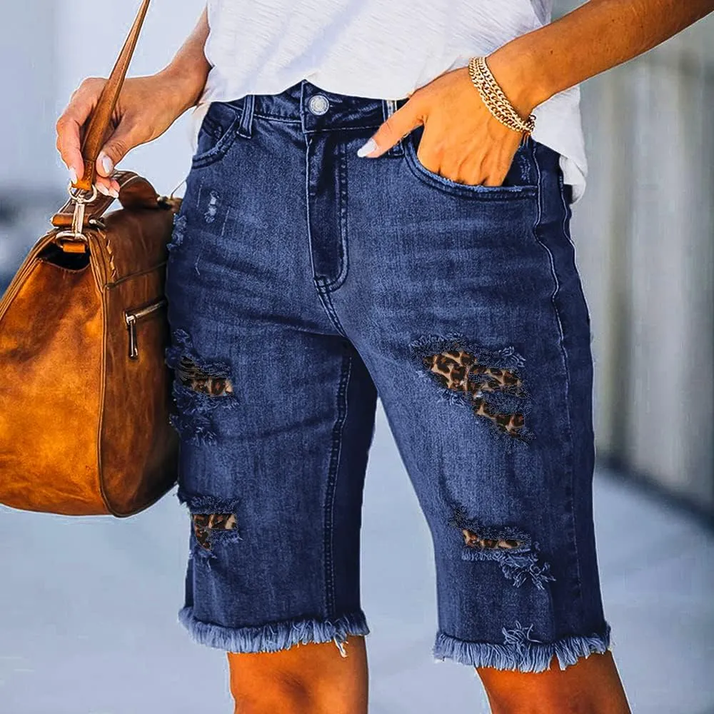 Women's Ripped Denim Jean Bermuda Shorts High Waisted Stretchy Hem Short Jeans