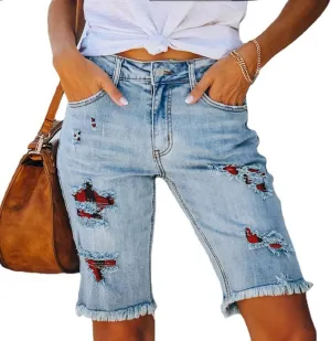 Women's Ripped Denim Jean Bermuda Shorts High Waisted Stretchy Hem Short Jeans