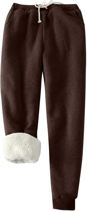 Women's Sherpa Fleece Lined Thicken Joggers Casual Solid Drawstring Waist Cinch Bottom Sweatpants Comfy Warm Home Loungewear