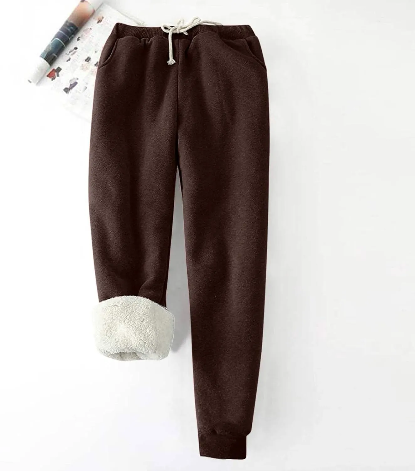 Women's Sherpa Fleece Lined Thicken Joggers Casual Solid Drawstring Waist Cinch Bottom Sweatpants Comfy Warm Home Loungewear
