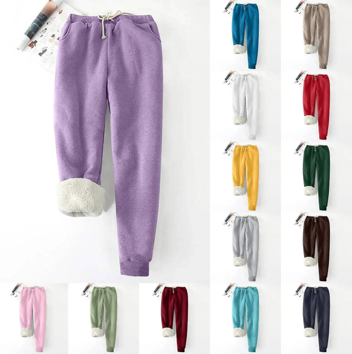 Women's Sherpa Fleece Lined Thicken Joggers Casual Solid Drawstring Waist Cinch Bottom Sweatpants Comfy Warm Home Loungewear