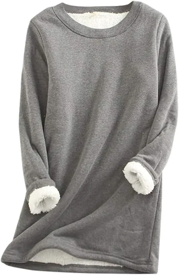 Women's Sherpa Lined Pullover Fleece Crewneck Sweatshirts Cute Winter Warm Fuzzy Sweaters Casual Loungewear