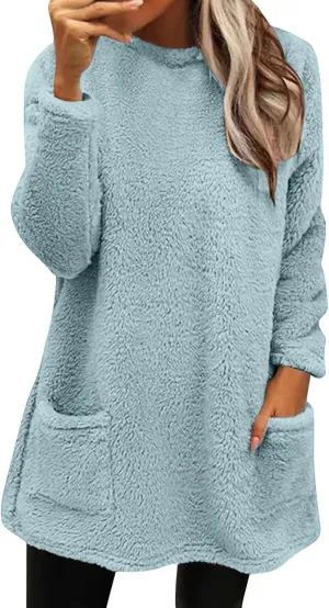 Womens Sherpa Pullover Sweaters Casual Loose Fit Fuzzy Fleece Sweatshirts Long Sleeve Soft Tunics Tops Loungewear