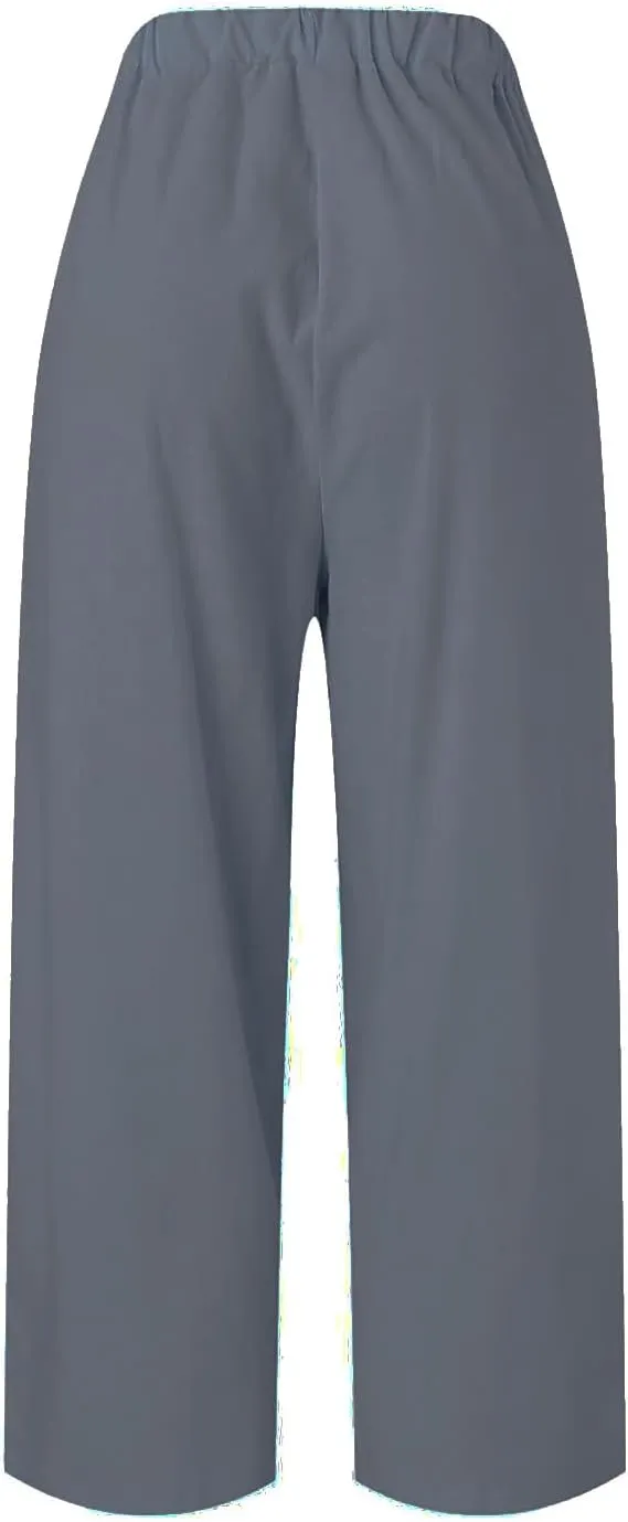 Womens Straight Leg Pants Lightweight Breathable Cotton Linen Pant Fashion Elastic Waist Solid Color Casual Pants