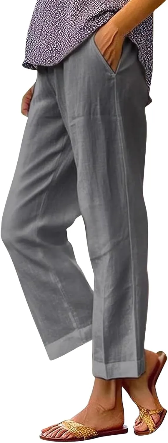 Womens Straight Leg Pants Lightweight Breathable Cotton Linen Pant Fashion Elastic Waist Solid Color Casual Pants