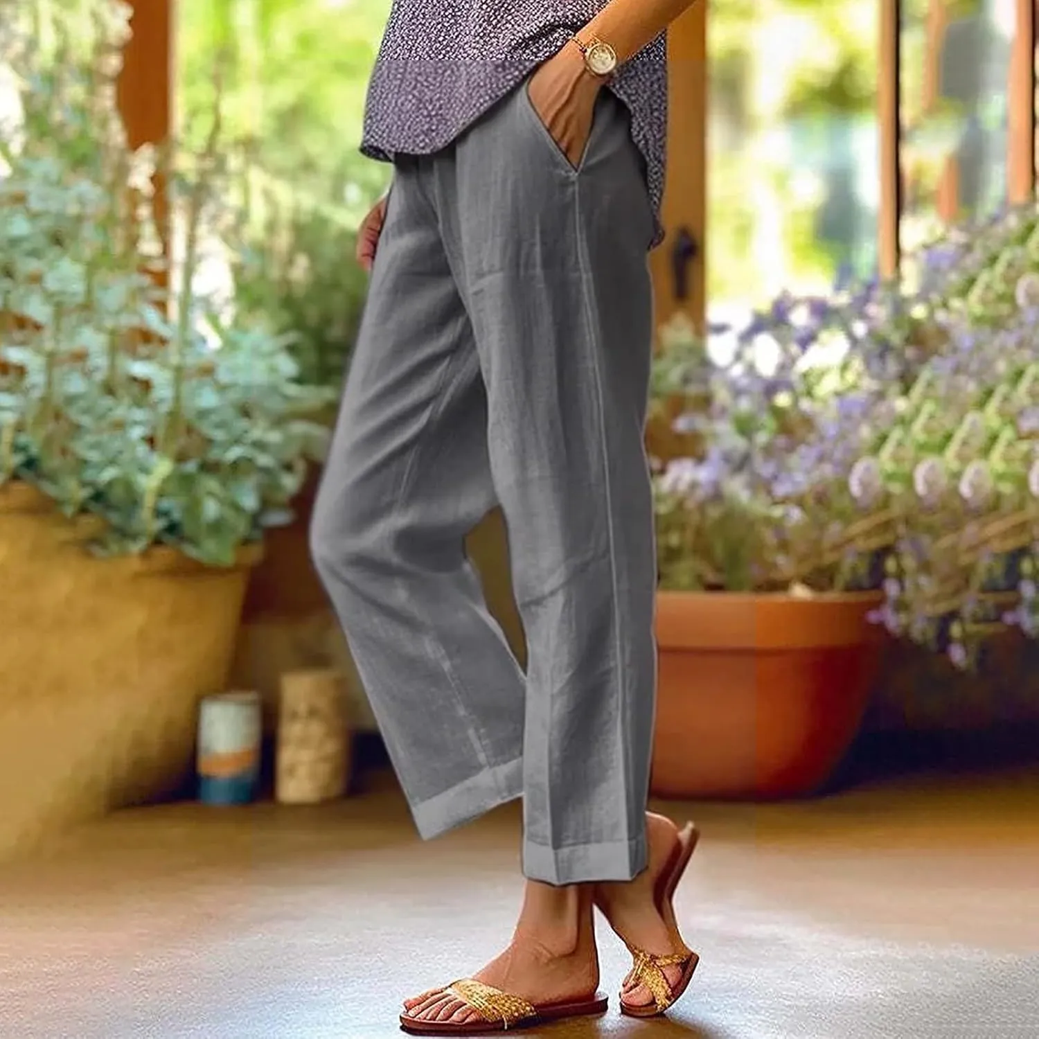 Womens Straight Leg Pants Lightweight Breathable Cotton Linen Pant Fashion Elastic Waist Solid Color Casual Pants