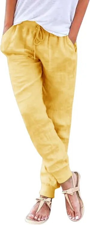 Womens Summer Linen Pants Casual Long Trousers Drawstring Elastic Waist Lounge Pants Comfy Sweatpants Joggers Pockets