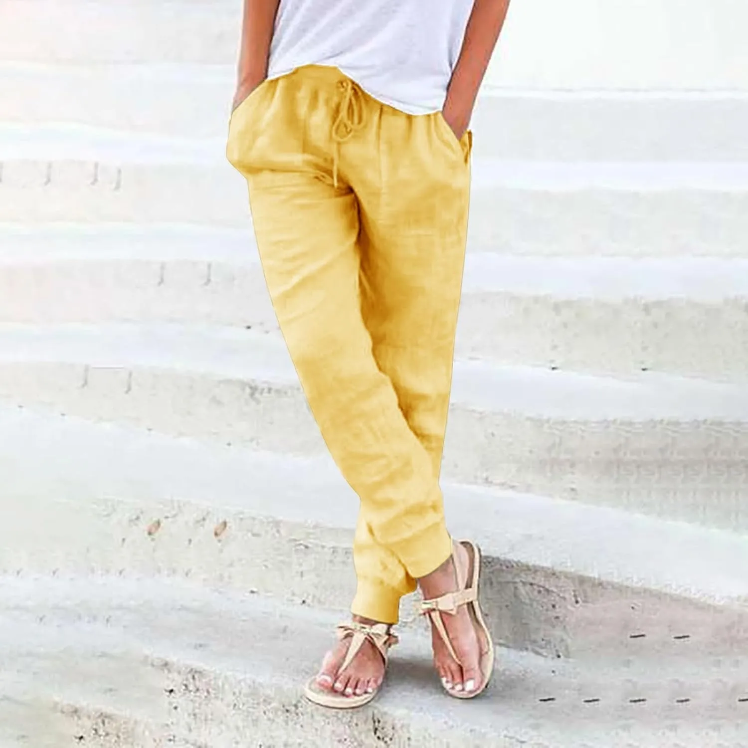 Womens Summer Linen Pants Casual Long Trousers Drawstring Elastic Waist Lounge Pants Comfy Sweatpants Joggers Pockets