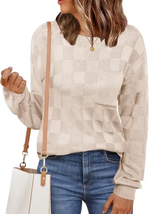 Womens Sweaters 2025 Fashion Trendy Long Sleeve Crewneck Checkered Sweater Knit Loose Pullover Sweater Tops