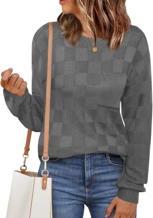 Womens Sweaters 2025 Fashion Trendy Long Sleeve Crewneck Checkered Sweater Knit Loose Pullover Sweater Tops