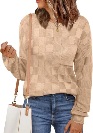 Womens Sweaters 2025 Fashion Trendy Long Sleeve Crewneck Checkered Sweater Knit Loose Pullover Sweater Tops
