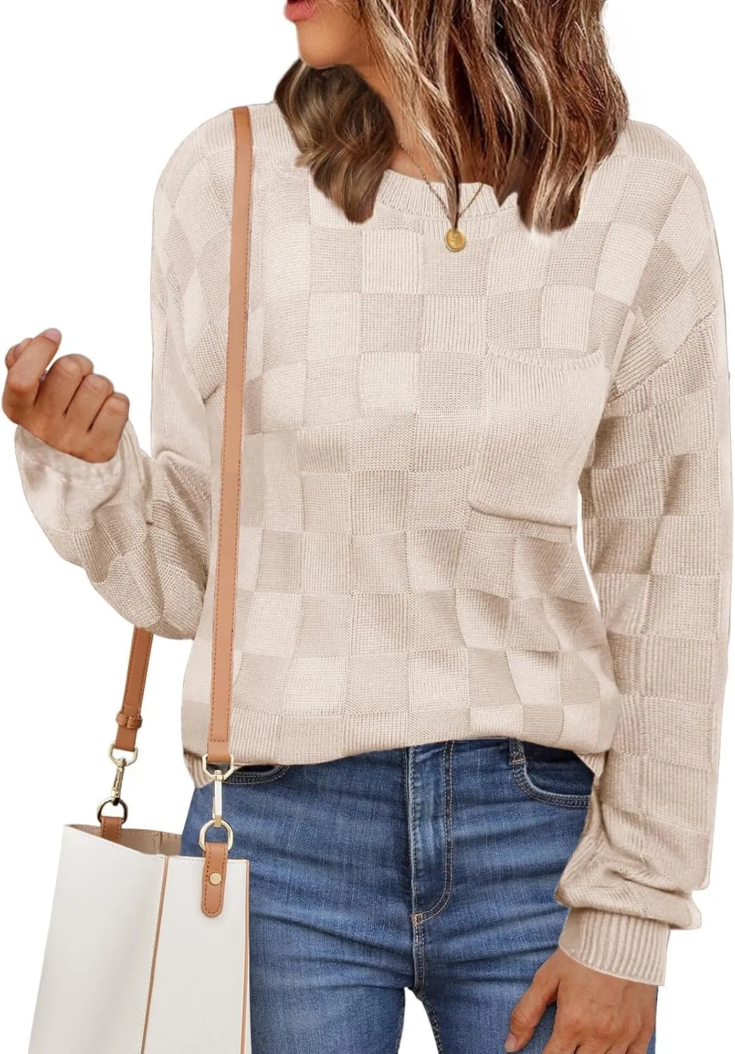 Womens Sweaters 2025 Fashion Trendy Long Sleeve Crewneck Checkered Sweater Knit Loose Pullover Sweater Tops