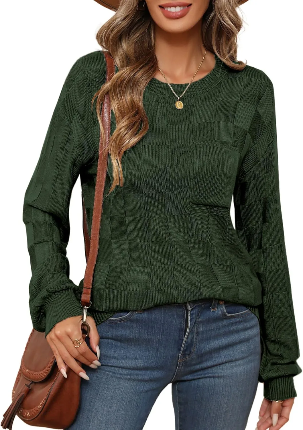 Womens Sweaters 2025 Fashion Trendy Long Sleeve Crewneck Checkered Sweater Knit Loose Pullover Sweater Tops