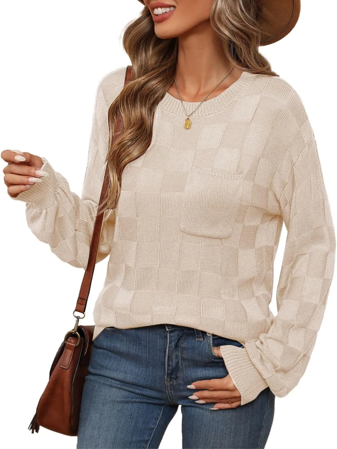 Womens Sweaters 2025 Fashion Trendy Long Sleeve Crewneck Checkered Sweater Knit Loose Pullover Sweater Tops