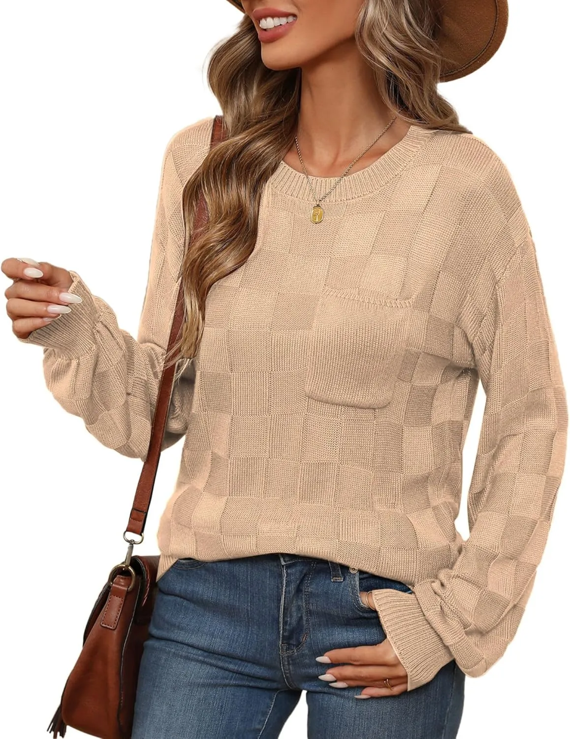 Womens Sweaters 2025 Fashion Trendy Long Sleeve Crewneck Checkered Sweater Knit Loose Pullover Sweater Tops