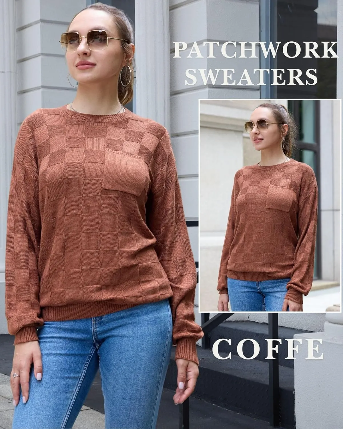 Womens Sweaters 2025 Fashion Trendy Long Sleeve Crewneck Checkered Sweater Knit Loose Pullover Sweater Tops