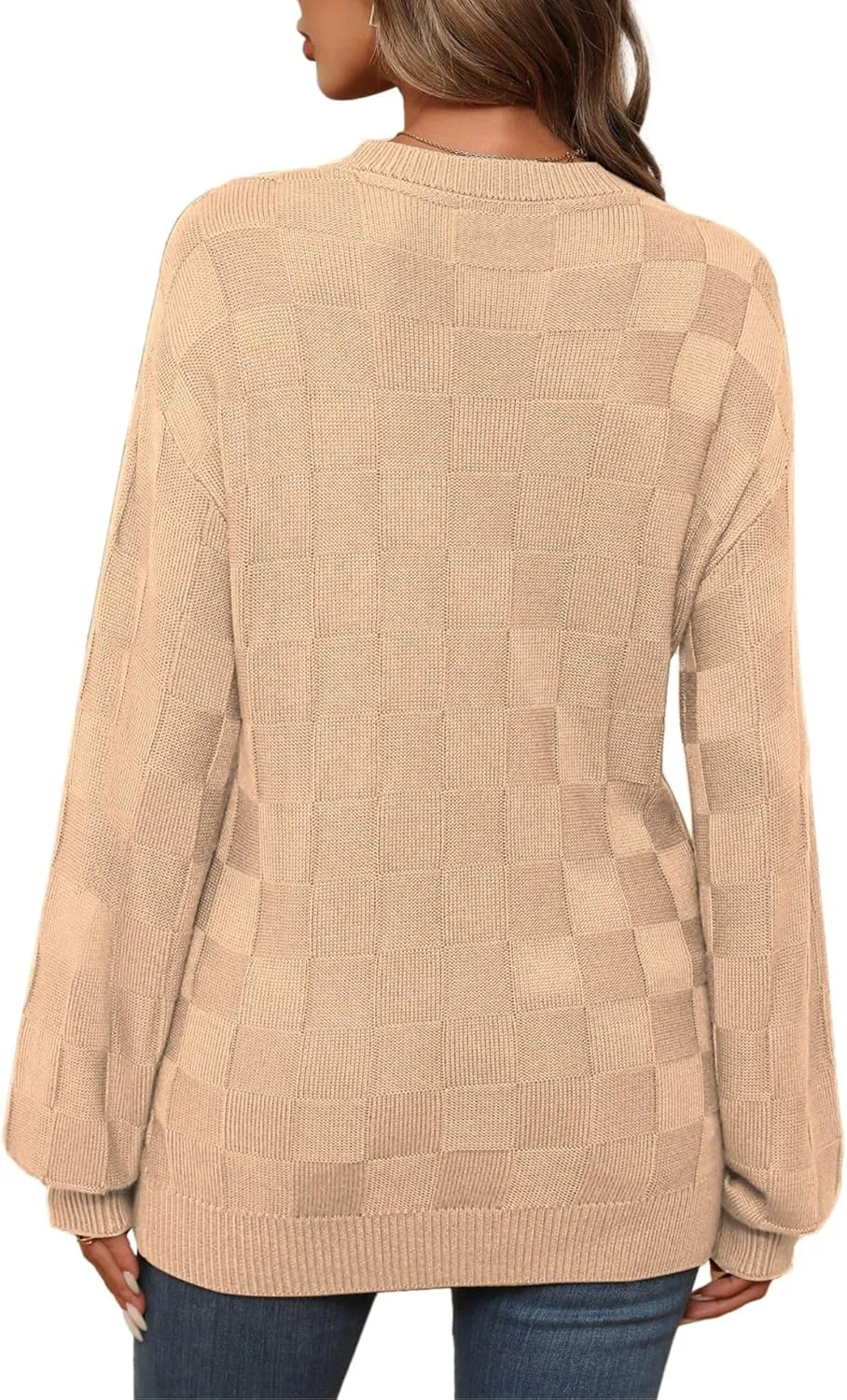Womens Sweaters 2025 Fashion Trendy Long Sleeve Crewneck Checkered Sweater Knit Loose Pullover Sweater Tops