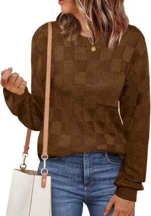 Womens Sweaters 2025 Fashion Trendy Long Sleeve Crewneck Checkered Sweater Knit Loose Pullover Sweater Tops